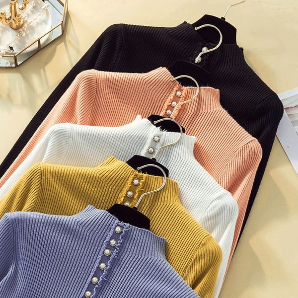 

2021 new women autumn sweater solid knitted female cotton soft elastic color pullovers button full sleeve turtleneck 10lv, White;black