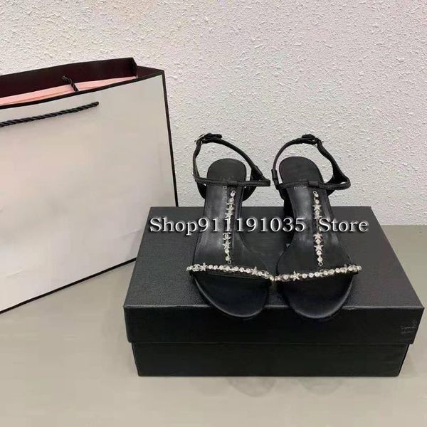 

sandals female brand designer rhinestone t thick heel summer and autumn classic trend with height 5.5cm, size 3, Black