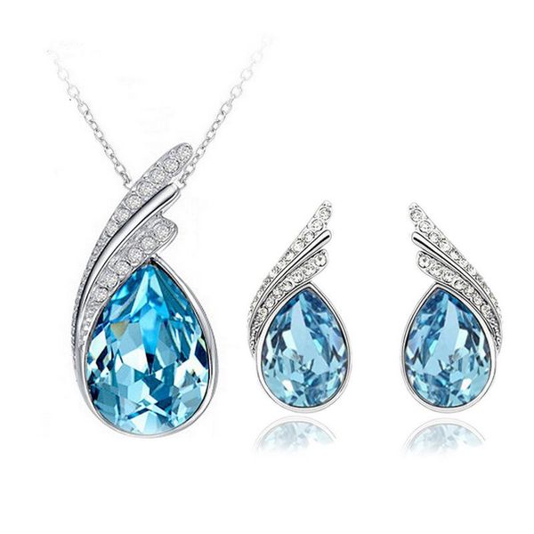 

earrings & necklace fashion women jewelry set austrian crystal sets water drop pendant stud earring wedding gift, Silver