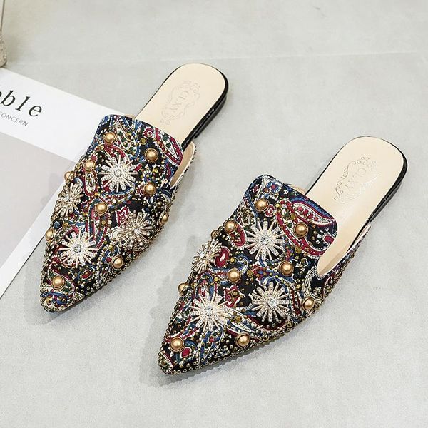 

women shoe fashion string-bead slippers shallow embroidery low heel mules autumn outdoor black slipper women slides