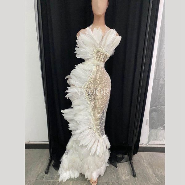 

white pearls feather mesh see through long dress singer stage wear lady elegant wedding evening gown formal party birthday dress, Black;red