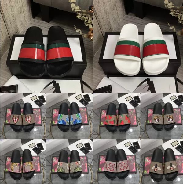

designer slippers rubber slides men women summer sandal flat blooms strawberry tiger bees green red white web fashion shoes beach flip flops, Black