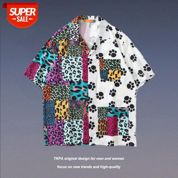 

tkpa country casual street net red color leopard print stitching short-sleeved shirt men and women retro loose flower #ol0w, White;black