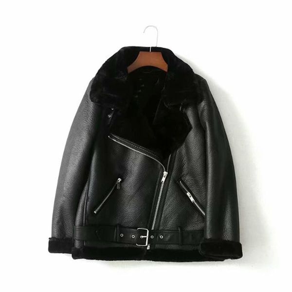 

women's leather & faux women winter pu jacket autumn fur one knight coat sashes turn-down collar zipper warm female fm006, Black