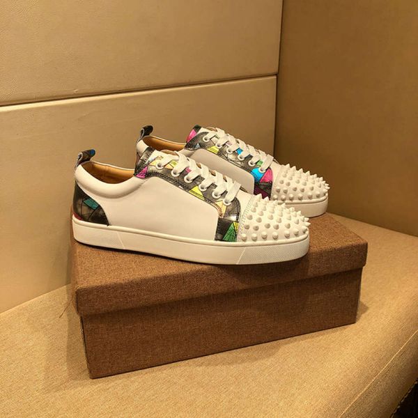 

designer high-end fashion men's shoes trendy white rivets low-red bottom lace up casual party series, Black
