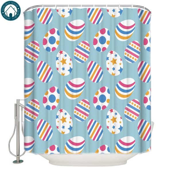 Tende da doccia Buona Pasqua Uova di cartone animato Tessuto colorato Bagno Tenda da bagno Ganci per ragazze per bambini Casa carina