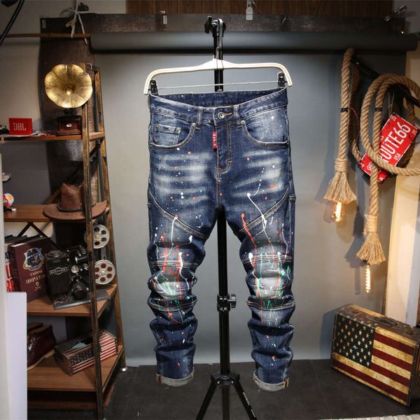 

autumn and winter splash ink splicing jeans men's stretch slim feet leisure fashion long pants menwinter, Blue