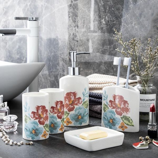 

bath accessory set nordic ceramic bathroom wash set-wedding gift-5pcs/set accessories kit-housewarming toothbrush soap dish
