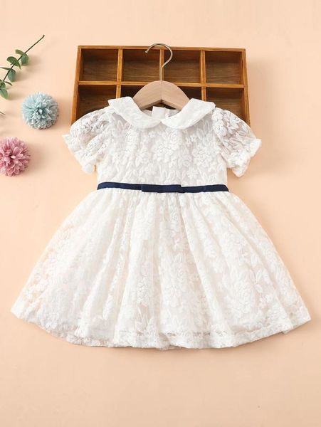 

baby puff sleeve zip back contrast tape lace dress she, Red;yellow