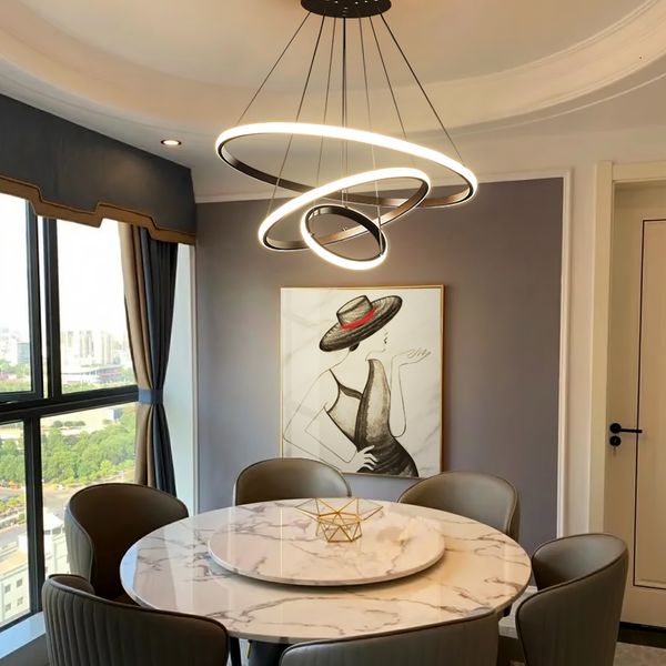 

modern pendant led 3/4/5 circle rings hung ceiling light black loft dining room lamp 7j86