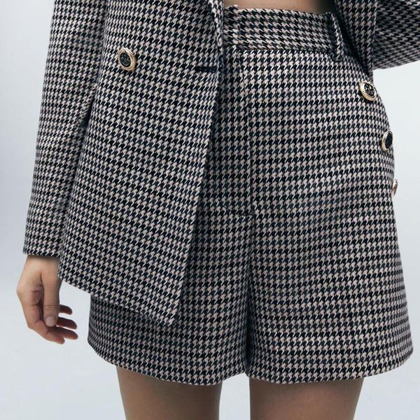 

fashion houndstooth high waisted shorts women elegant buttons back pocket casual short women loose shorts ladies, White;black