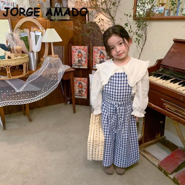 

jumpsuits 2021 spring korean style kids girls overalls sleeveless blue plaid sling pants with sashes clothes e633