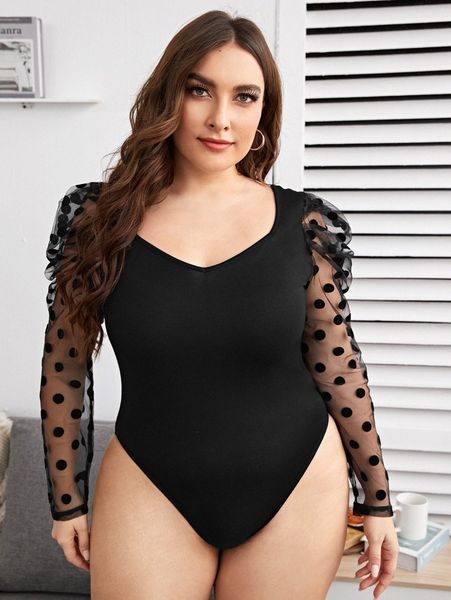 

plus dobby mesh sleeve bodysuit c6vz#, Black