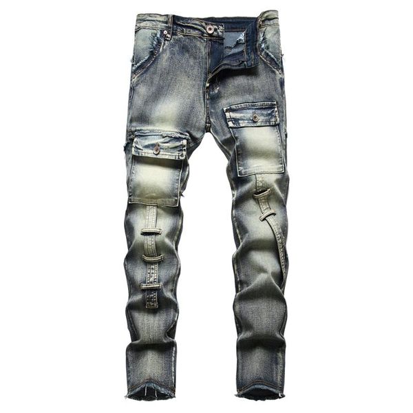 

men's jeans pockets cargo denim vintage retro blue slim straight pants fringe trousers