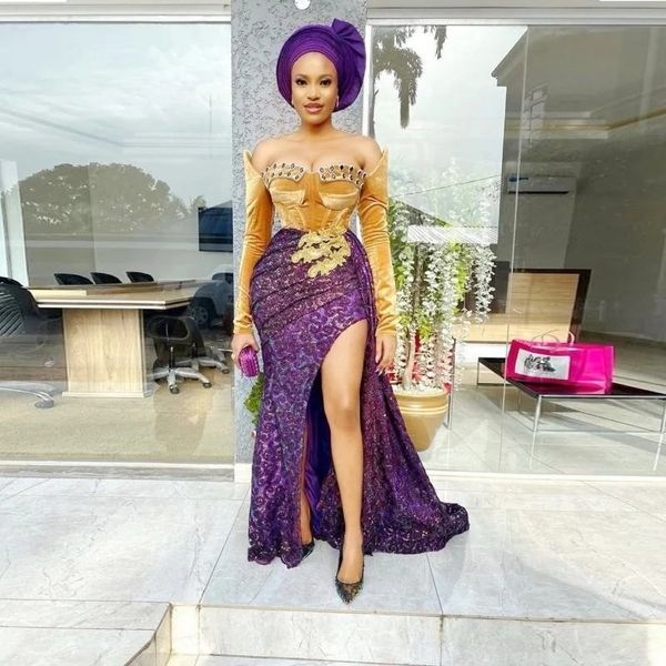 Arabic Aso Ebi Style Mermaid Abiti sexy Front Front Slitti Long Maniche in rilievo Oro Gold Veet Purple Lace Gowns da festa