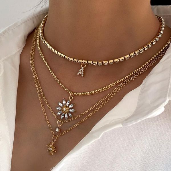 

chains fashion multi-layer crystal letter tennis chain choker necklaces for women golden simple sun flower metal clavicle jewelry, Silver