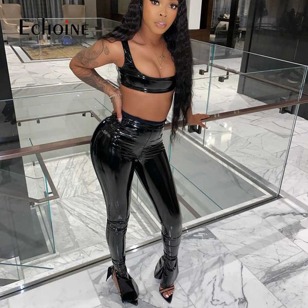 Echoine Mulheres Inverno Pu Faux Leather Sexy 2 Peça Set Low Neck Sem Mangas Crop Top e Flare Bottom Pant Suits Club Festa Outfit Y0625
