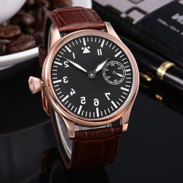 

44mm corgeut fashion sport mechanical watch leather black dial stainless case hand winding seagull 6497 mens, Slivery;brown