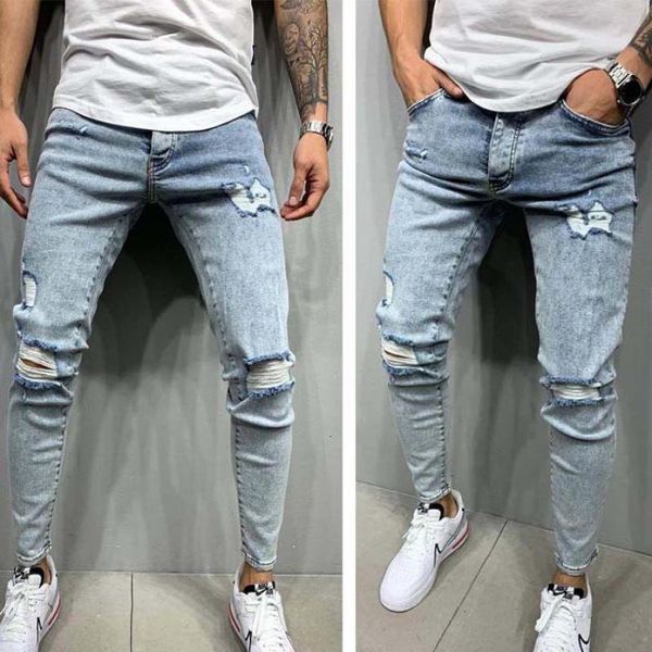 

thin blue light raw hem 2021 spring slash men's fashionable broken-hole denim jeans fj1t