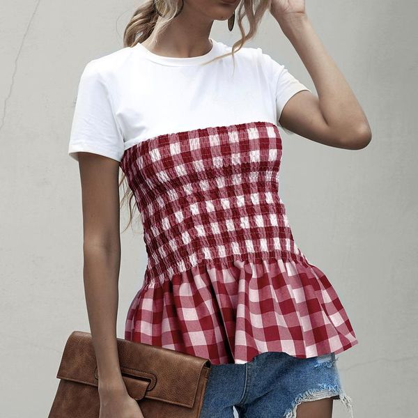

women's t-shirt fashion plaid ruffles women 2021 summer multicolor splicing smocking short-sleeve round collar, White