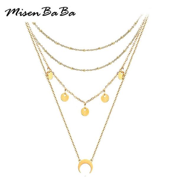 

pendant necklaces stainless steel multi-layer moon necklace gold silver color round sequins beads clavicle chain for women