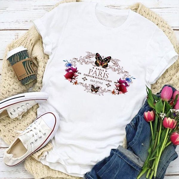 

o neck short sleeved womens aesthetic flowers wreath summer harajuku, White