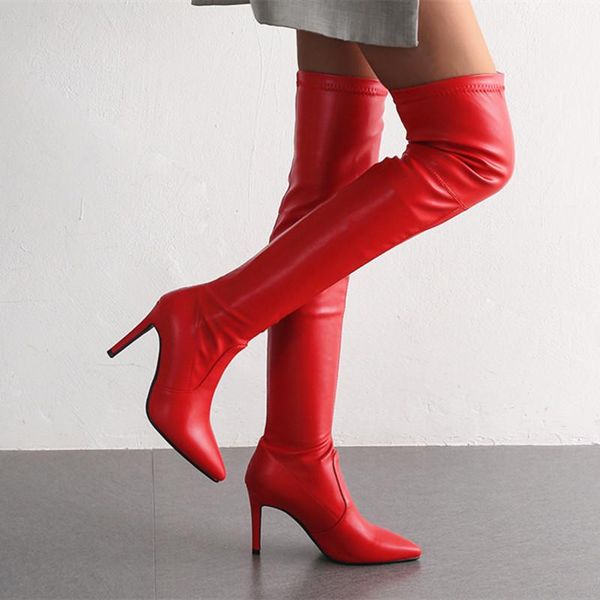 

boots 2021 autumn winter women shoes pointed toe over the knee high thin heel slip on stretch long size 34-43, Black