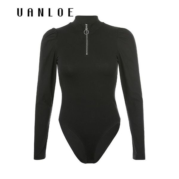 

women's jumpsuits & rompers black high street puff sleeve bodysuit women zipper o-neck long spring autumn romper bodysuits 2021, Black;white