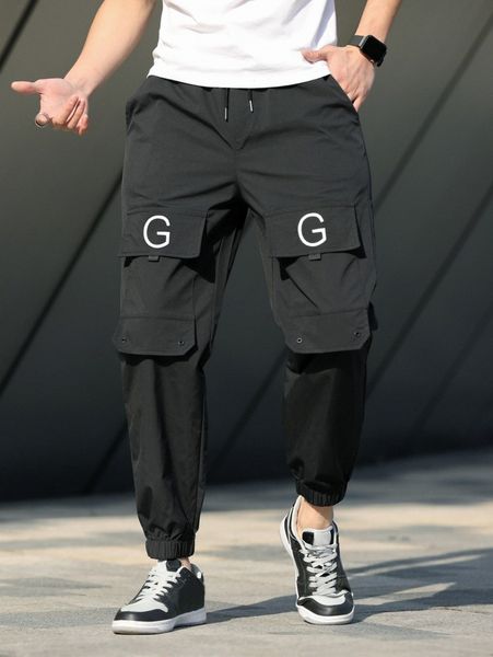 

men letter graphic flap detail drawstring cargoÂ pants r1zz#, Black