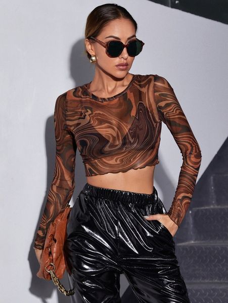 

marble print lettuce trim mesh crop d4qc#, White