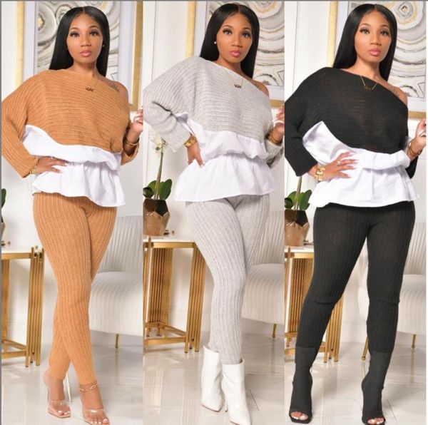 

women's two piece pants women 2 set autumn winter fashion patchwork long sleeve high waist sport jogging matching tracksuit african, White