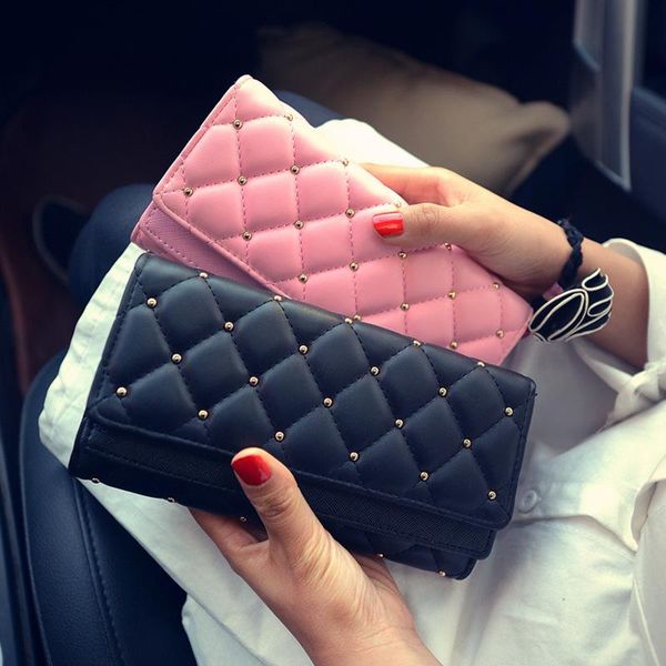 

wallets 2021 ladies wallet korean version of the double-cap gold rivet clutch bag linge embroidery thread, Red;black
