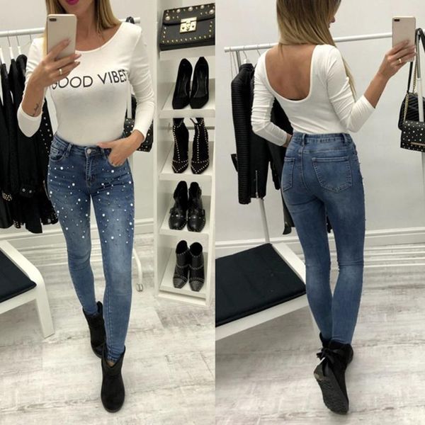 

women's high street pencil stretch pants denim skinny jeans high waist slim rivet fashion casual pocket trousers, Blue