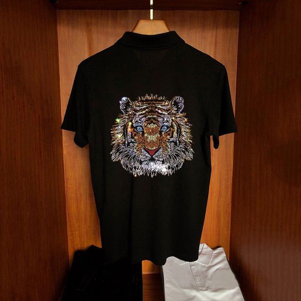 

korean m 5xl fashion explosion mens polo style casual shirt handsome summer tiger rhinestone light short sleeve, White;black