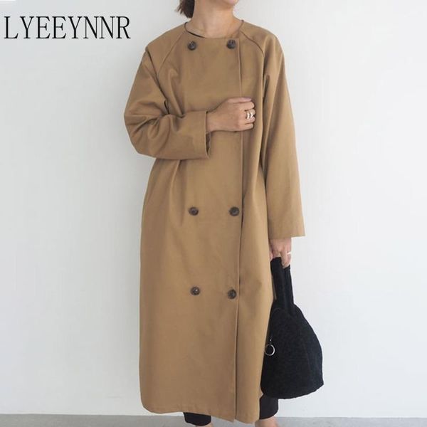 

women's trench coats lyeeynnr 2021 long jackets women pure color o neck full sleeve double breasted casual japan style outerwears, Tan;black