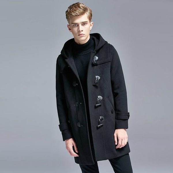 

men's wool & blends winter cashmere overcoat thick woolen hooded jacket men fashion mid-length trench coat plus size 6xl, Black