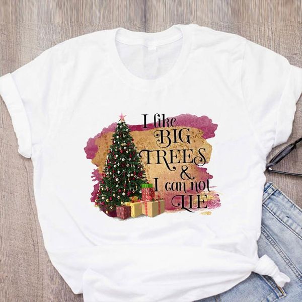 

graphic printing style tree holiday womens t shirt year merry christmas clothing printed lady tees, White