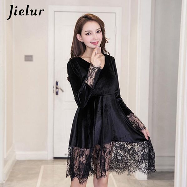 

casual dresses autumn gothic black lace vestido femme v neck comfortable slim vestidos pure color basic winter dress women, Black;gray