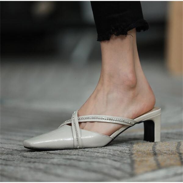 

sandals dipsloot black white woman genuine leather slip on crystal cross slippers women's square toe sandals 7 in muller shoes 3gof