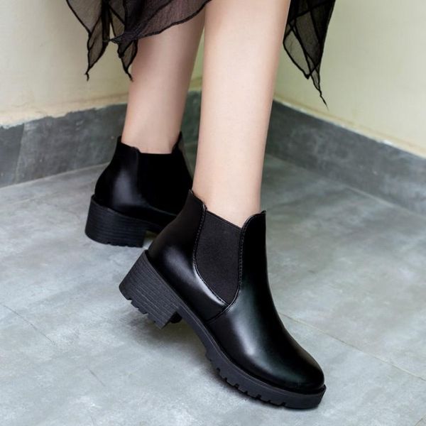 

boots 2021 winter women square heel short black leather for platform shoes warm plush british wind