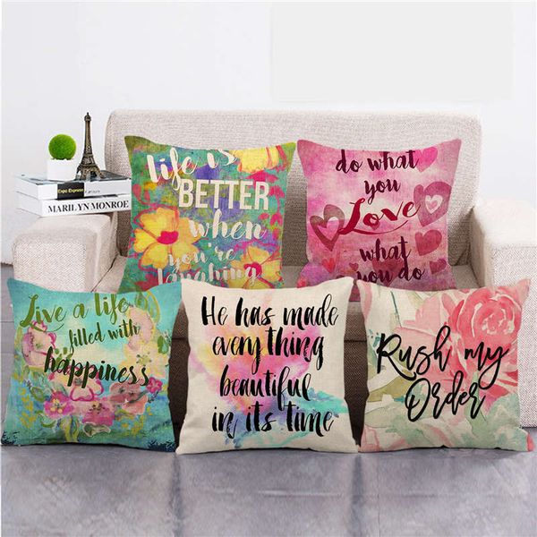 

45cm*45cm beautiful watercolor flowers english word linen/cotton throw pillow covers couch cushion cover home decor pillowcase