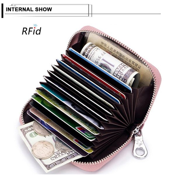 

zipper id credit card holders women genuine leather rfid coin purses lady cards case accordion style womens short wallets, Red;black