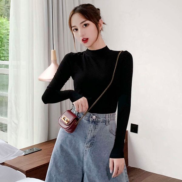 

short black t-shirt half high collar, bottom shirt, women's long sleeve, tight t-shirt, large size, with warm autumn and winter tide, White