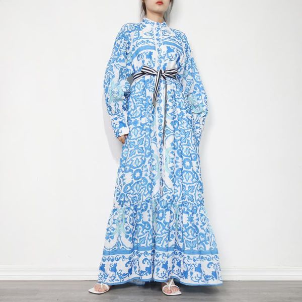 

casual dresses vintage green lace up dress for women stand collar long sleeve high waist maxi female fashion style, Black;gray