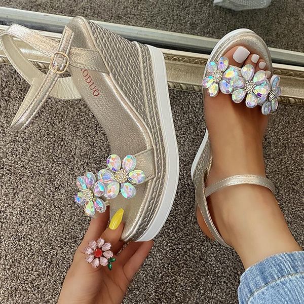 

sandals 2021 fashion flower rhinestone bling open toe wedge chunky platform party shoes outdoor roman women's, Black