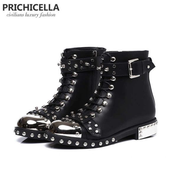 PRICHICELLELA qualidade preto planos de couro genuíno cravejado de lace up boots de tornozelo, motocicleta botas de inverno 210911