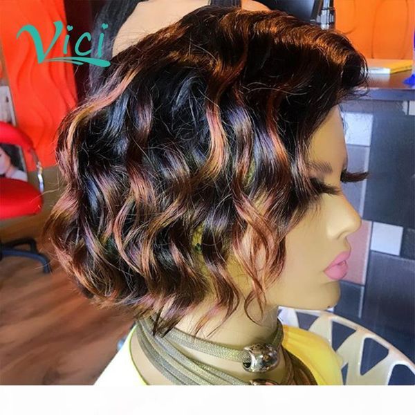 

highlight wig human hair for black women wavy lace front wig pre plucked with baby hair short bob pixie cut human 150%, Black;brown