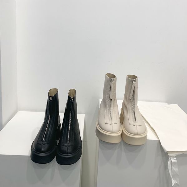 

platform motorcycle boots women shoes winter genuine leather chunky heels short boots front zipper designer botas femininas, Black