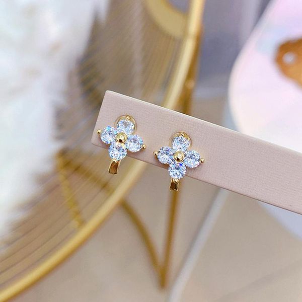 

hoop & huggie trendy 14k real gold plated crystal four-leaf clover earrings for women girl jewelry zircon s925 silver needle gift, Golden;silver