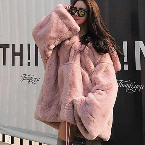 

women's fur & faux [ewq] jacket winter women coat hooded collar long fashion loose plush oversized 16e4092, Black